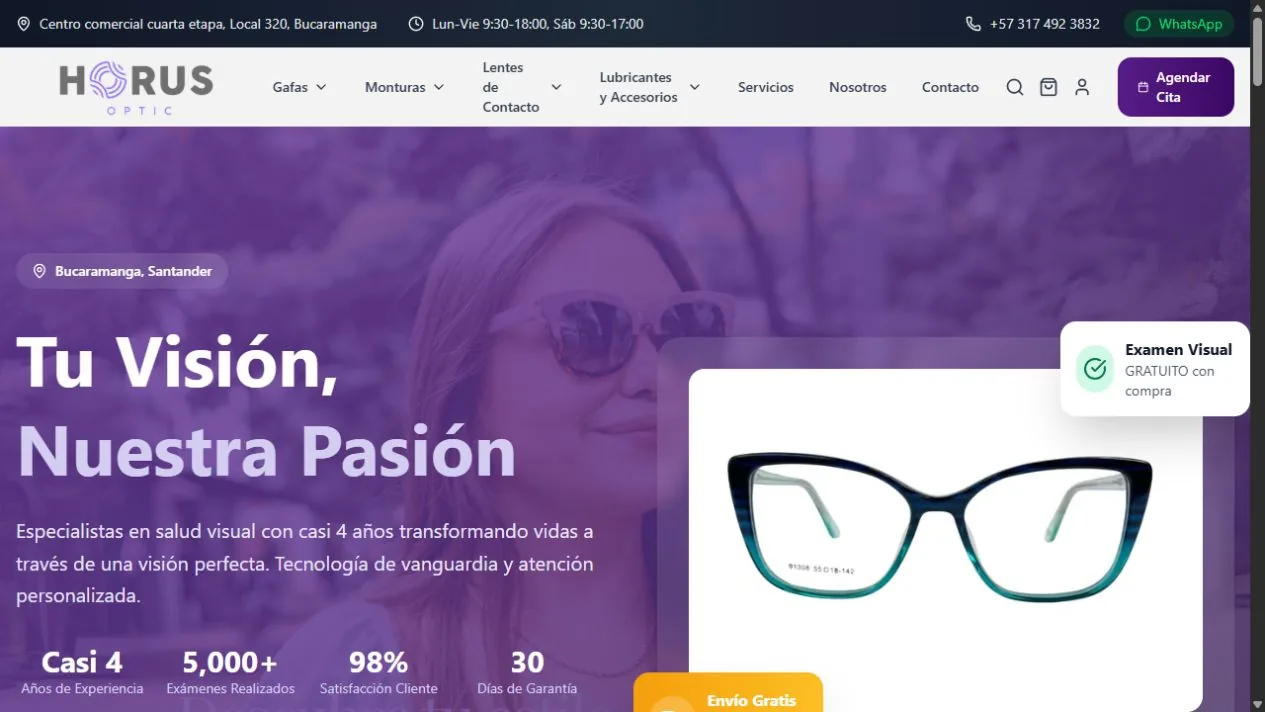 Captura real de la tienda Horus Optic: gafas y servicios de salud visual