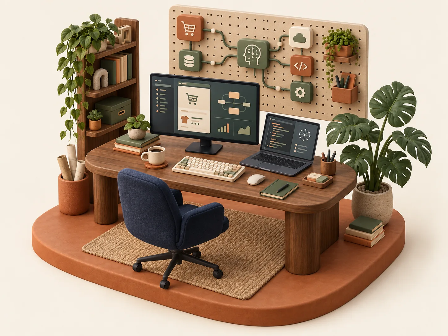 Ilustración de un estudio digital con escritorio, pantallas y módulos conectados